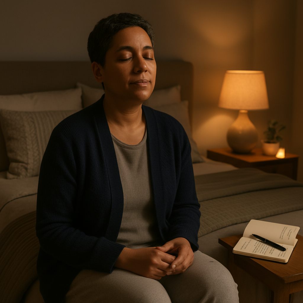 A serene, natural-toned lifestyle image of a Millennial or Gen X parent winding down at night. The parent is sitting peacefully on the edge of a bed in soft, warm lamplight, with no visible devices. A notebook and a pen rest on the nightstand beside them, emphasizing a sense of relaxation and restoration. The scene features neutral, soothing colors like navy, beige, and soft gray.