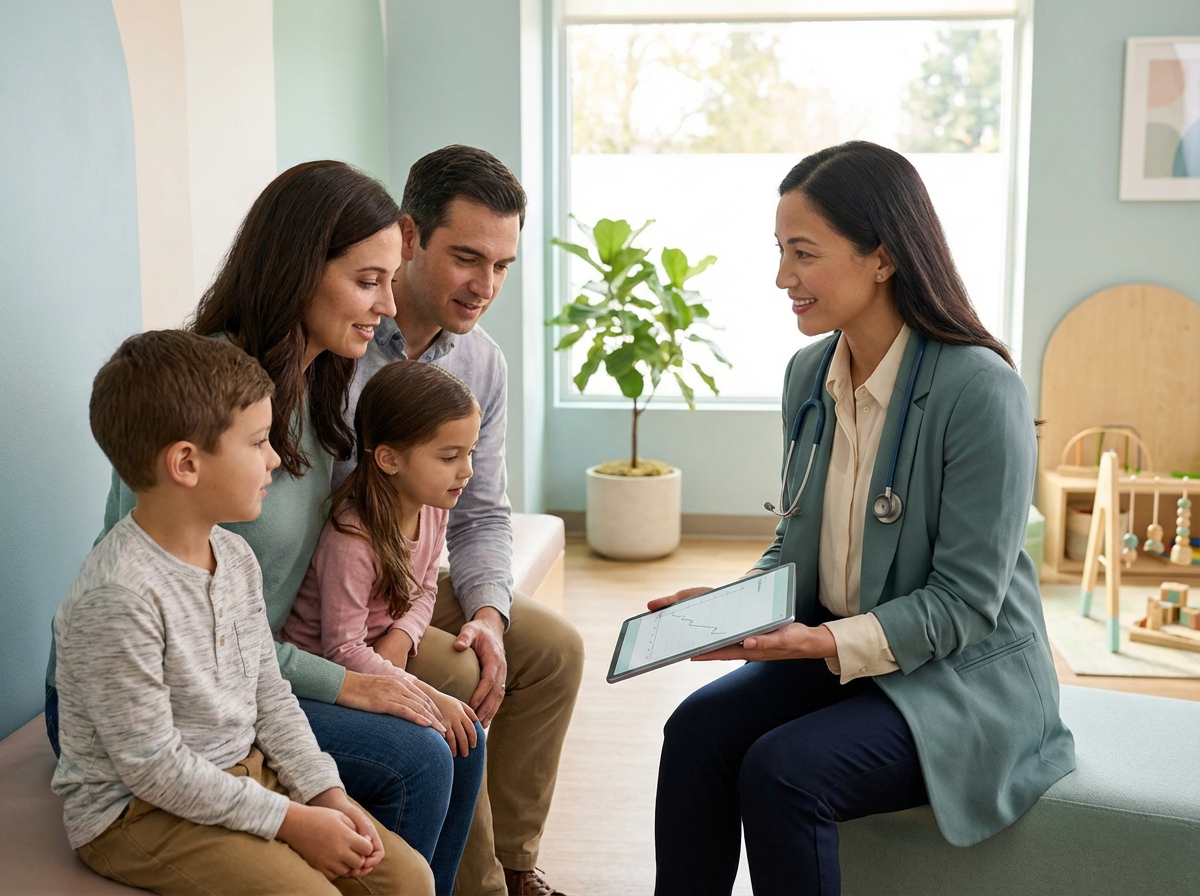 A diverse family with two children at a modern pediatric clinic, where a clinician is showing a simple blood test result on a tablet in a warm, natural light setting, emphasizing trust and proactive health