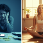 A conceptual split-screen image showing the same person; on the left, they appear stressed and aged in a blue-toned office, and on the right, they appear rejuvenated and younger while meditating in warm, golden sunlight.