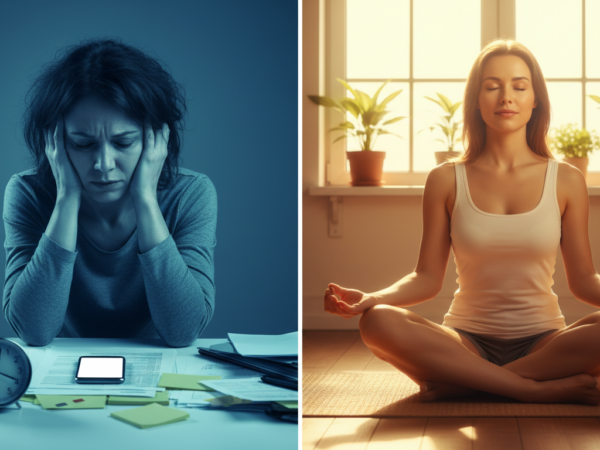 A conceptual split-screen image showing the same person; on the left, they appear stressed and aged in a blue-toned office, and on the right, they appear rejuvenated and younger while meditating in warm, golden sunlight.
