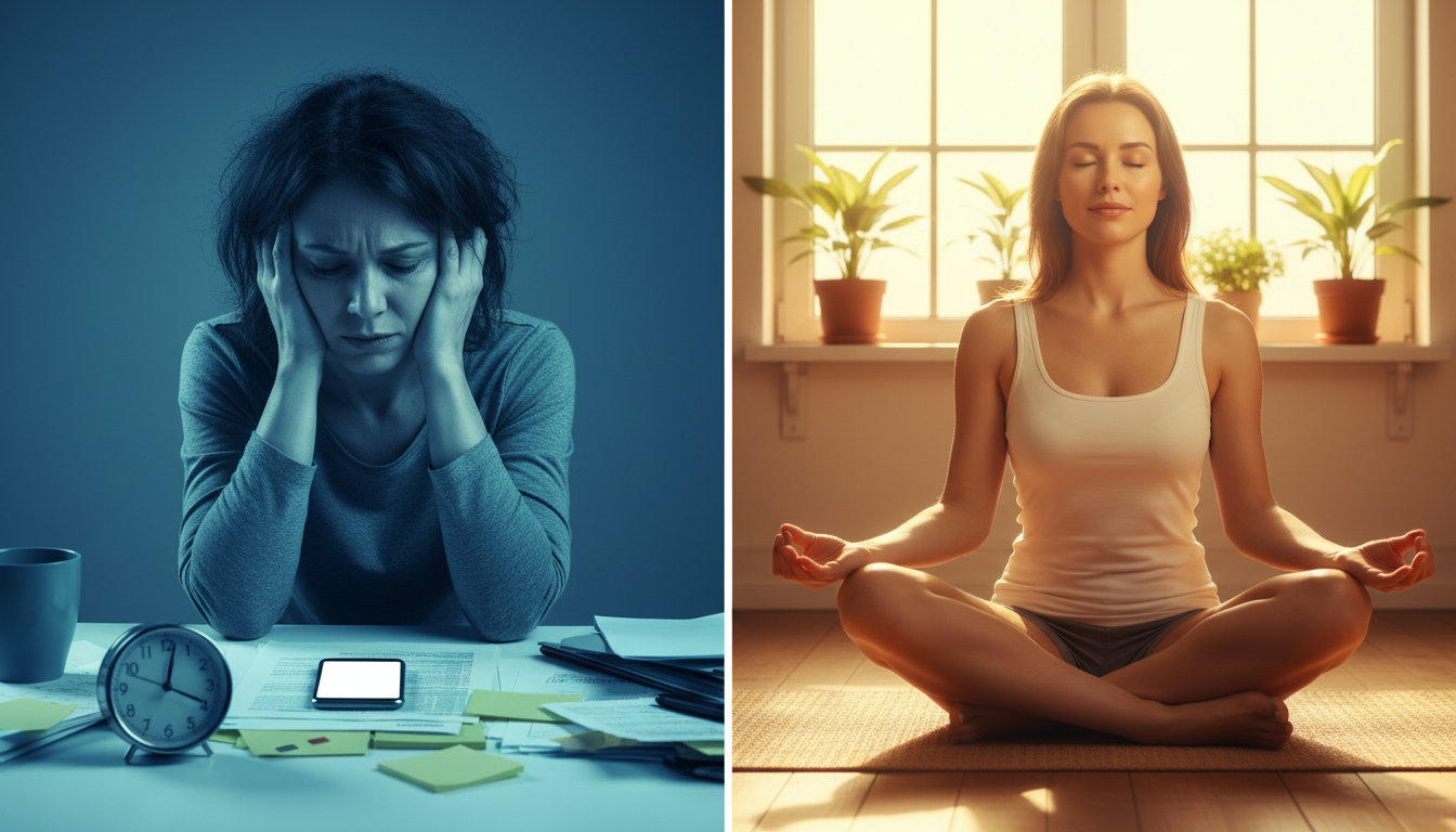 A conceptual split-screen image showing the same person; on the left, they appear stressed and aged in a blue-toned office, and on the right, they appear rejuvenated and younger while meditating in warm, golden sunlight.