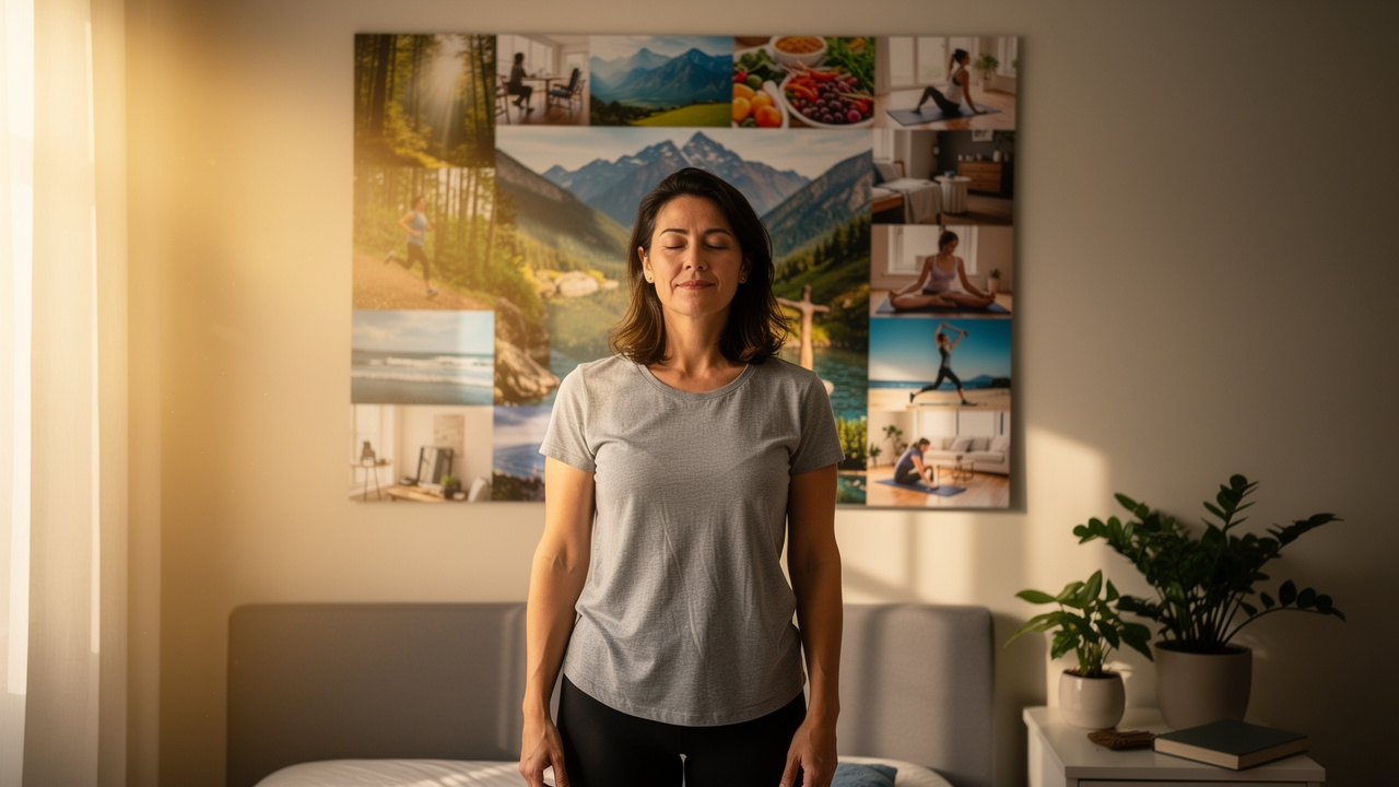 Woman meditating in front of vision board during morning ritual