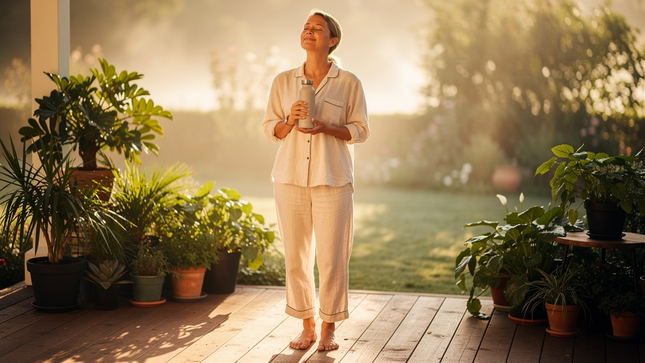 Woman drinking water in morning sunlight on porch