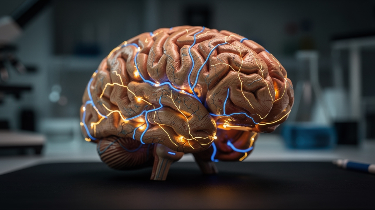 Glowing brain model representing neural pathways and focus