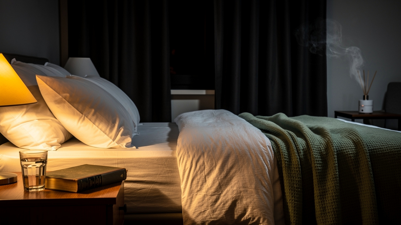 Cozy dark bedroom optimized for restful deep sleep
