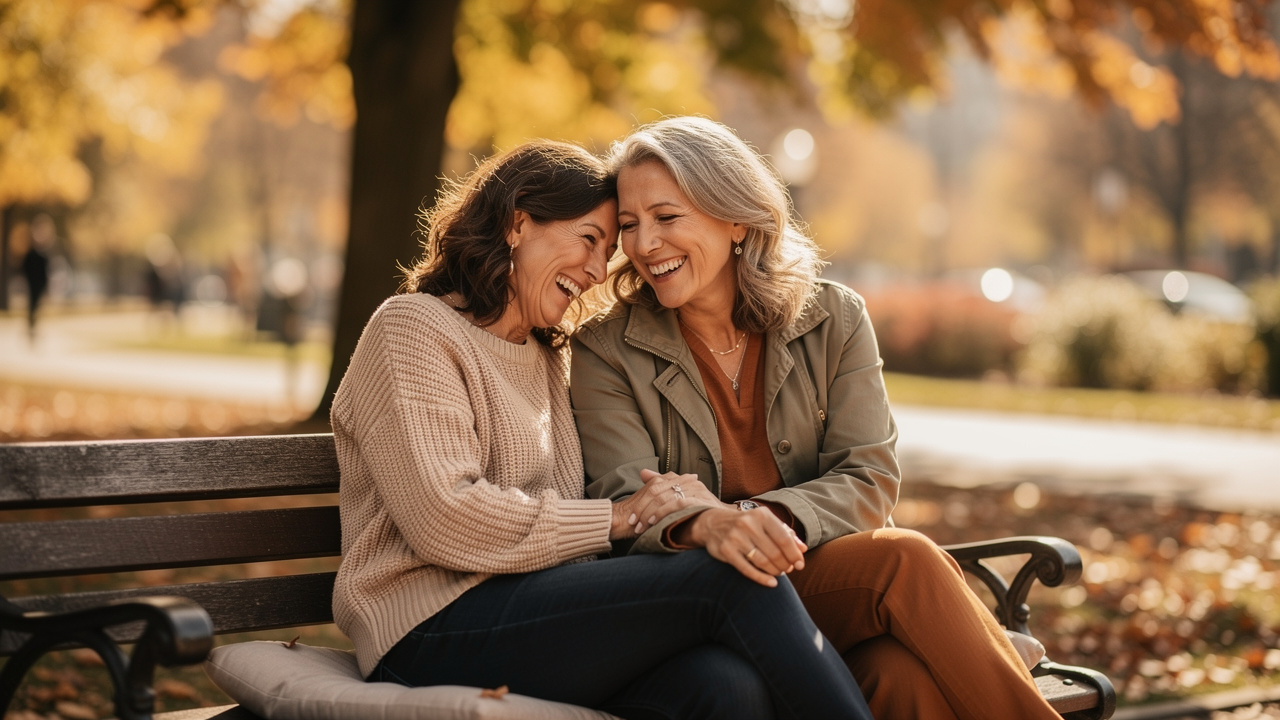 Two women laughing together in sunny autumn park