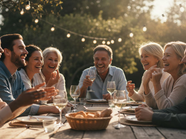 A diverse, multigenerational group of people laughing and sharing a meal together outdoors, representing the health benefits of social connection and belonging.