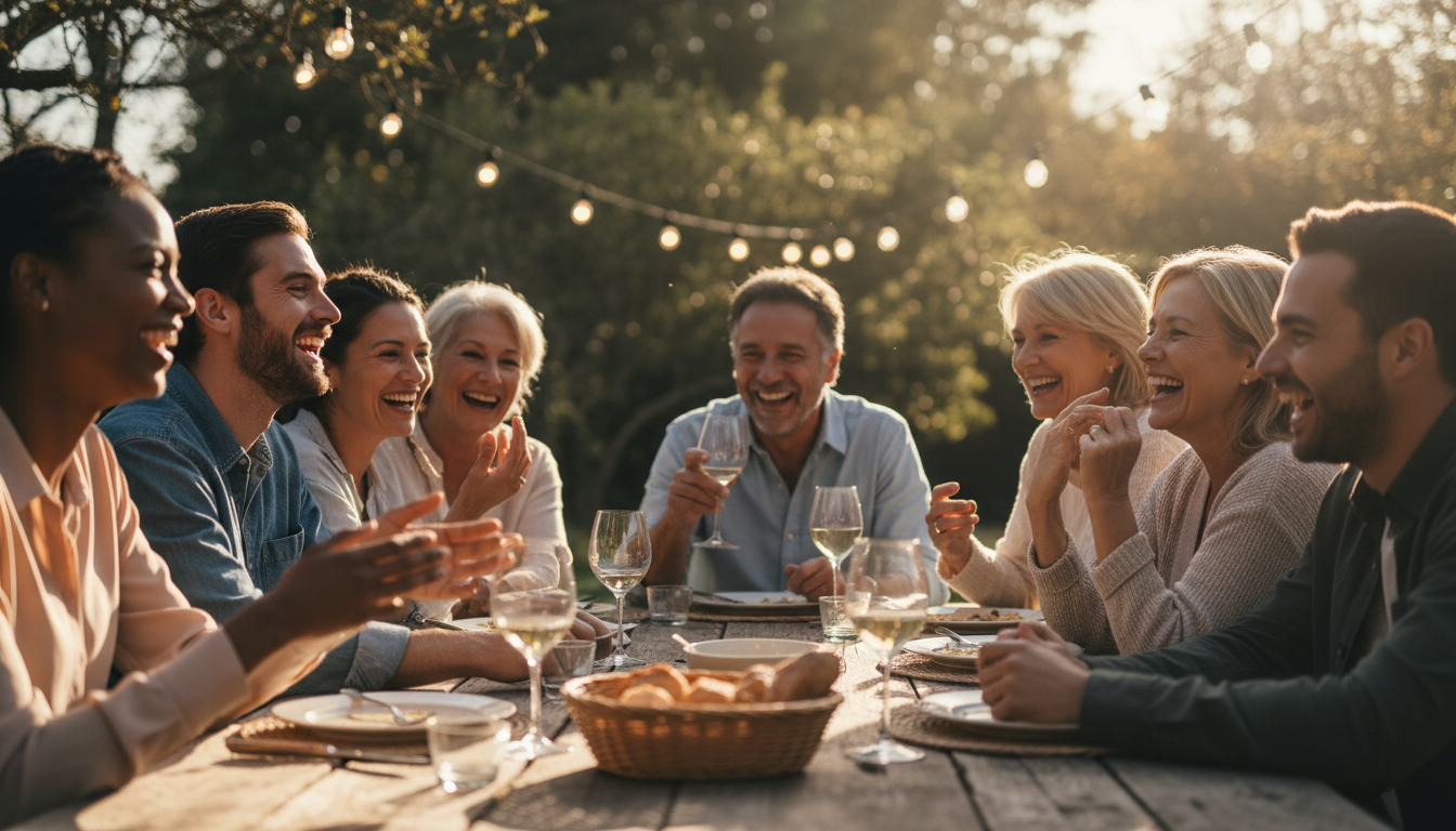 A diverse, multigenerational group of people laughing and sharing a meal together outdoors, representing the health benefits of social connection and belonging.