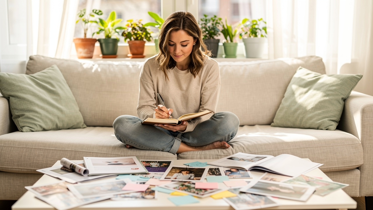 Woman journaling for vision board dream phase at home