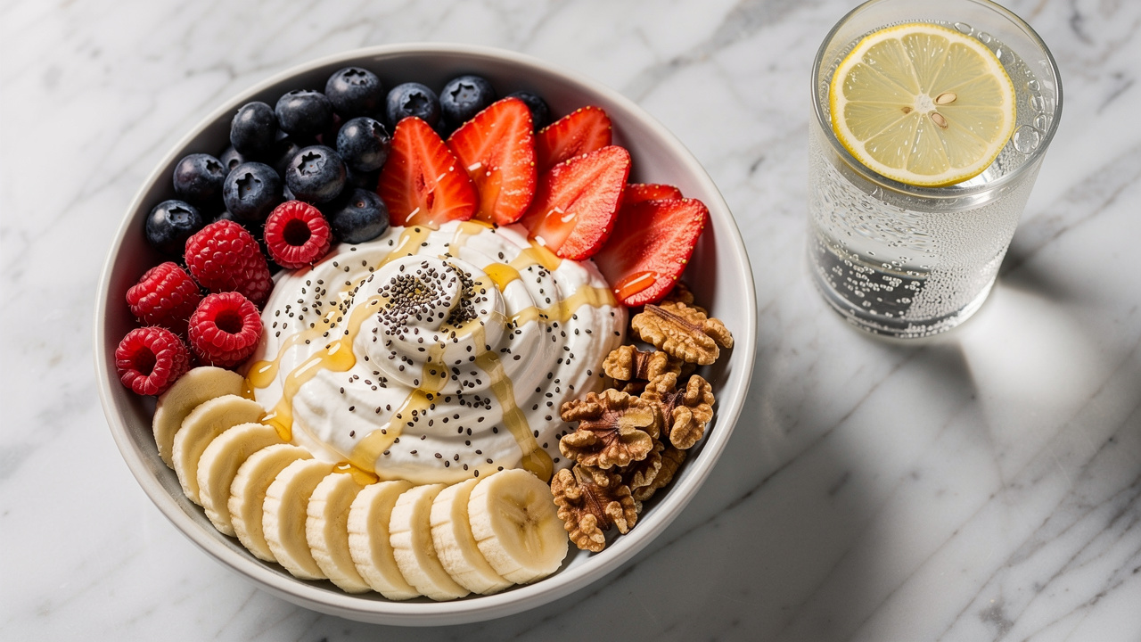 Colorful whole food plant-rich breakfast bowl with berries