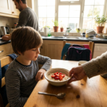 A parent setting an oatmeal-and-fruit breakfast in front of a school-aged child at a sunlit kitchen table.