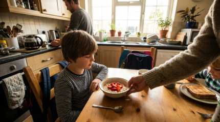 A parent setting an oatmeal-and-fruit breakfast in front of a school-aged child at a sunlit kitchen table.