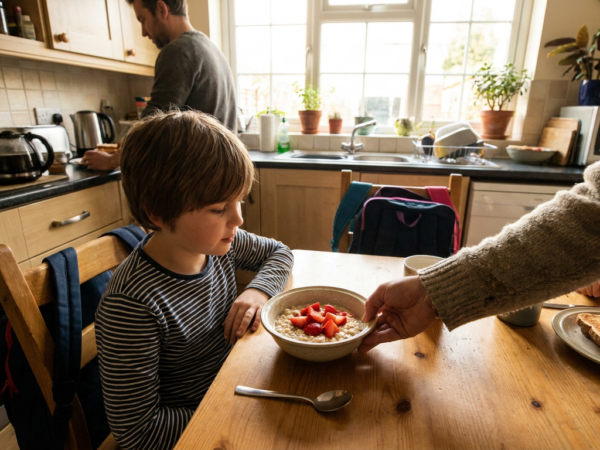 A parent setting an oatmeal-and-fruit breakfast in front of a school-aged child at a sunlit kitchen table.