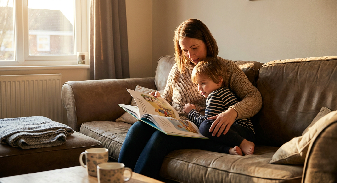 A parent and child sit close on a couch, looking at a picture book together in soft afternoon light.