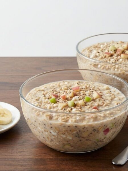 Bowl of apple cinnamon oats topped with diced apple, cinnamon, and sliced banana