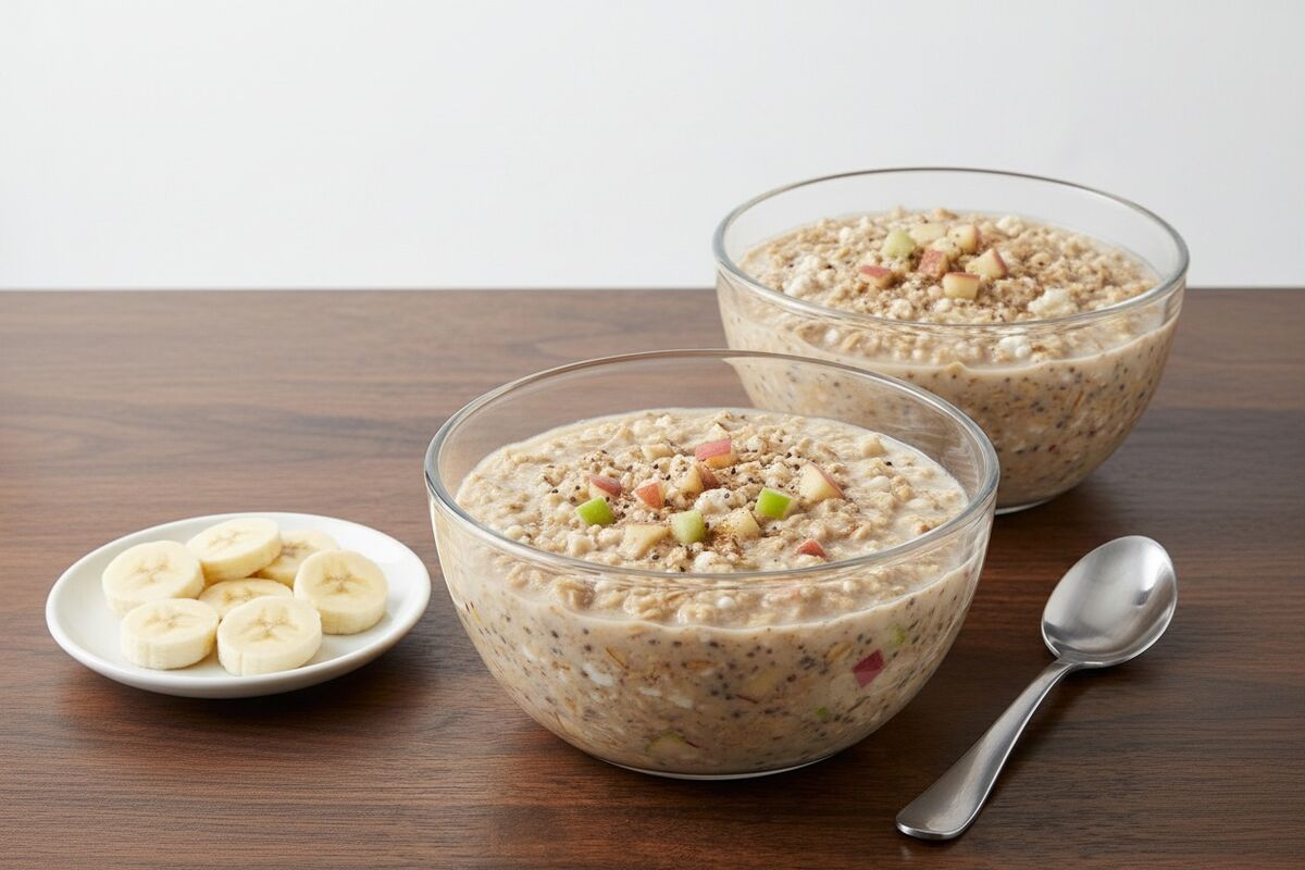 Bowl of apple cinnamon oats topped with diced apple, cinnamon, and sliced banana